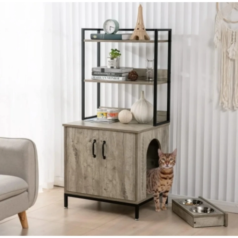 Hidden Cat Litter Box Furniture with Elevated Cat Bowls, Shelves and Doors, Wood Pet Crate Storage Cabinet Indoor Cat House