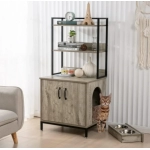 Hidden Cat Litter Box Furniture with Elevated Cat Bowls, Shelves and Doors, Wood Pet Crate Storage Cabinet Indoor Cat House