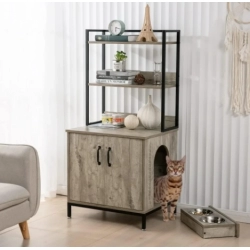 Hidden Cat Litter Box Furniture with Elevated Cat Bowls, Shelves and Doors, Wood Pet Crate Storage Cabinet Indoor Cat House